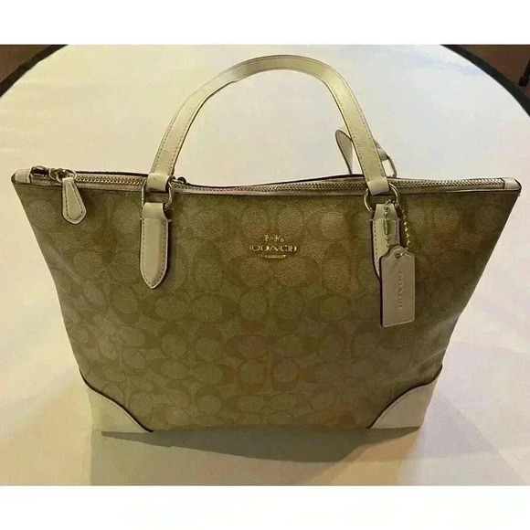 Coach Signature Zip Tote Back Light Khaki Beige Ran White Purse Shoulder Bag - Picture 1 of 13